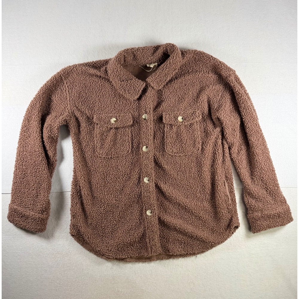 Hem & Thread Brown Teddy Fleece Shacket Plaid Lined Button Up Jacket Large 30952